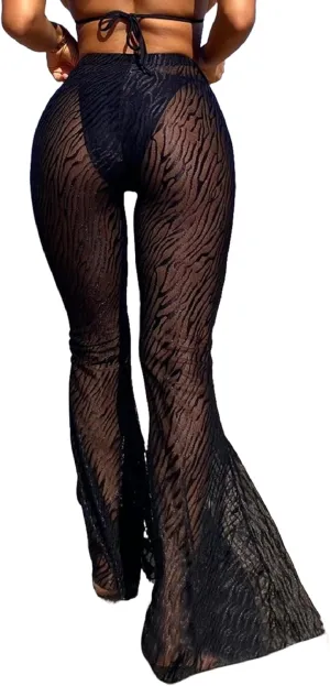 Women’s High Waist Rave Mesh Sheer Pants Flared Bell Bottom Pants for Rave Festival Dance Clubwear