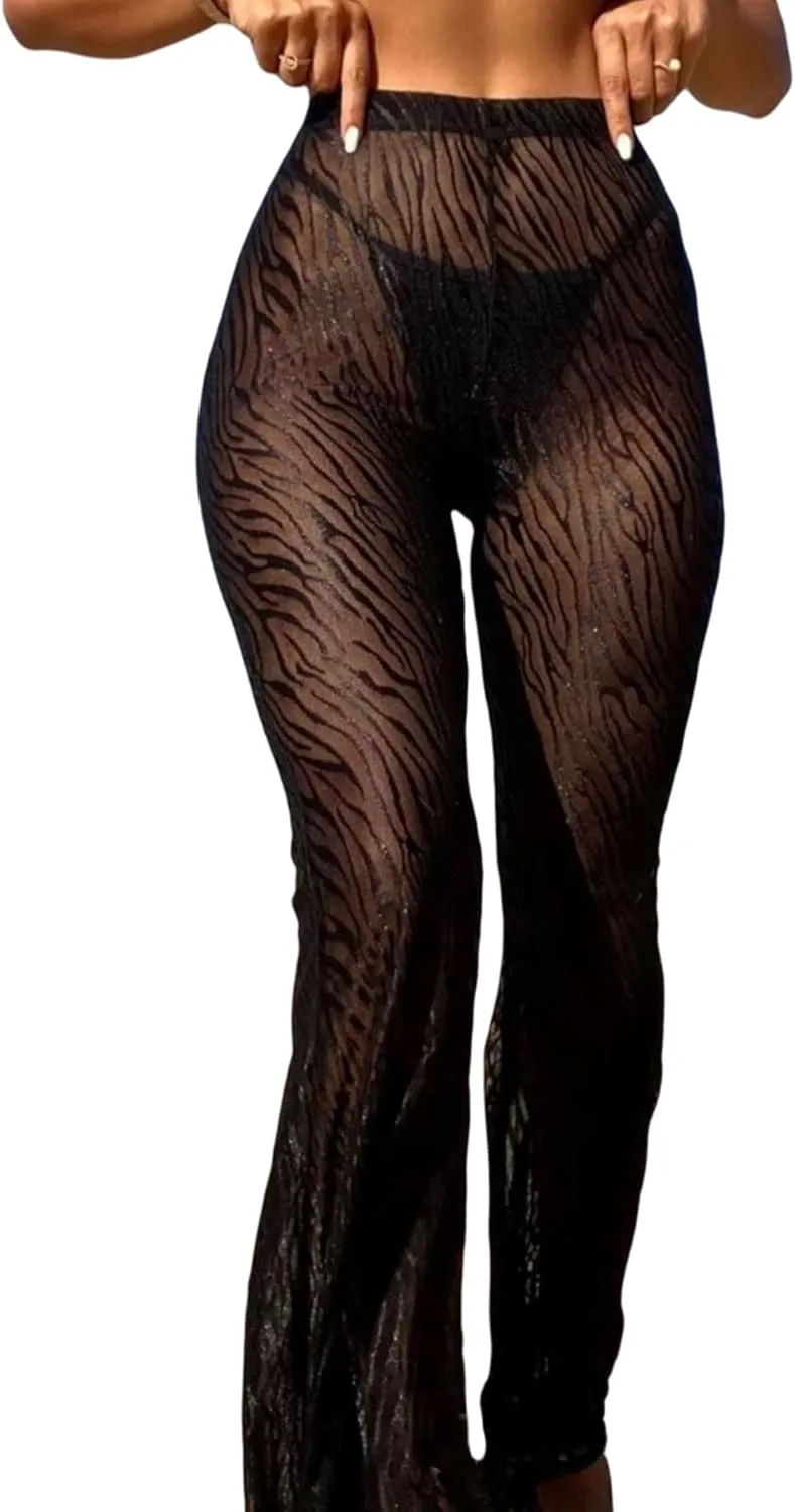 Women’s High Waist Rave Mesh Sheer Pants Flared Bell Bottom Pants for Rave Festival Dance Clubwear
