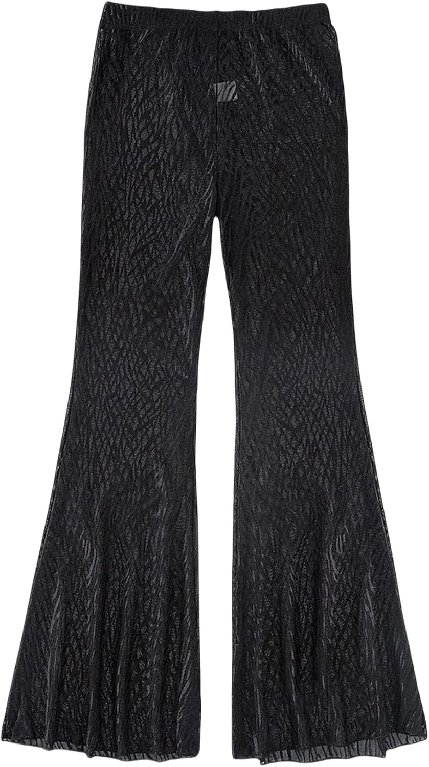 Women’s High Waist Rave Mesh Sheer Pants Flared Bell Bottom Pants for Rave Festival Dance Clubwear