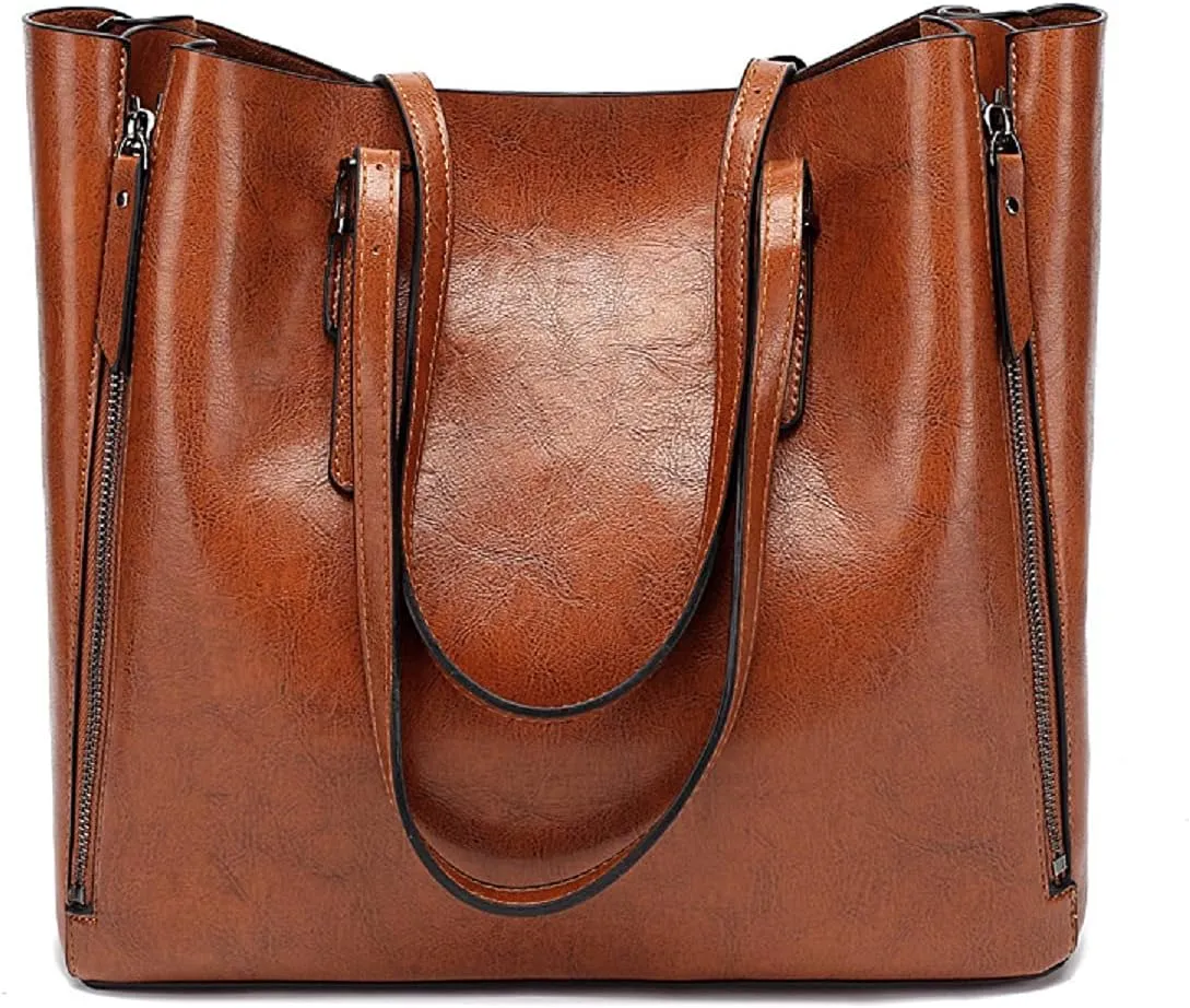Women’s Leather Handbag Shoulder Bags Work Tote Bag Top Handle Bag Ladies Designer Purses Satchel（Brown）