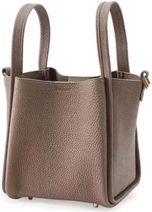 Women's Medium Size Vegetable Basket Bag Bucket Bag Niche Leisure Cowhide Handbag Shoulder Bag Female (Grey)