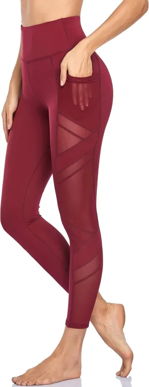 Women's Mesh High Waist Leggings Yoga Pants with Pockets Tummy Control 4 Way Stretch Workout Yoga Leggings