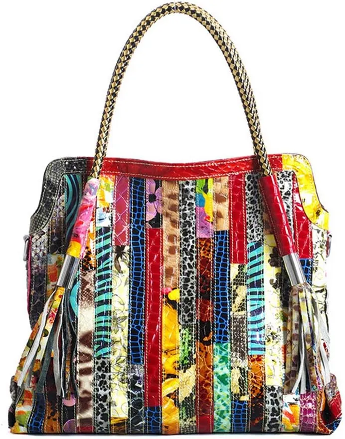 Women's Multicolor Big Boston Bag Genuine Leather RANDOM Colorful Patchwork Large Tote Handbag Hobo Crossbody Purses