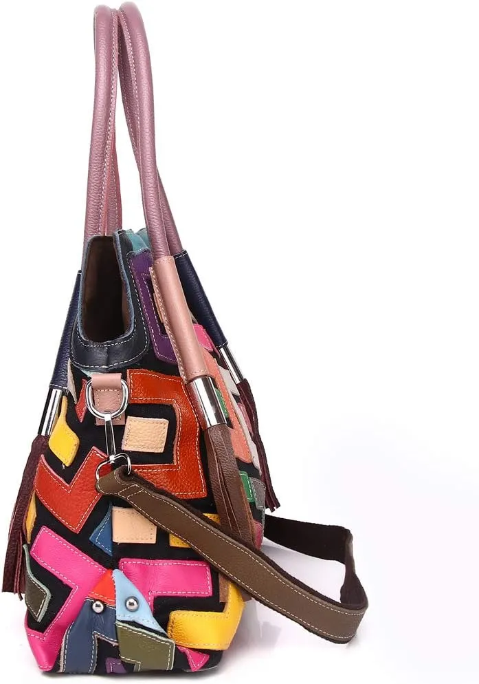 Women's Multicolor Big Boston Bag Genuine Leather RANDOM Colorful Patchwork Large Tote Handbag Hobo Crossbody Purses