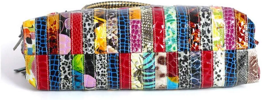 Women's Multicolor Big Boston Bag Genuine Leather RANDOM Colorful Patchwork Large Tote Handbag Hobo Crossbody Purses