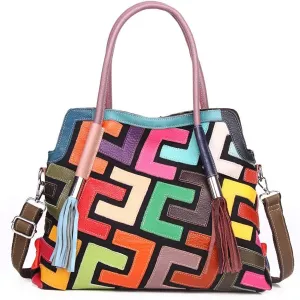 Women's Multicolor Big Boston Bag Genuine Leather RANDOM Colorful Patchwork Large Tote Handbag Hobo Crossbody Purses