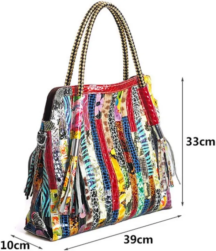Women's Multicolor Big Boston Bag Genuine Leather RANDOM Colorful Patchwork Large Tote Handbag Hobo Crossbody Purses