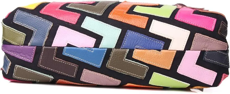 Women's Multicolor Big Boston Bag Genuine Leather RANDOM Colorful Patchwork Large Tote Handbag Hobo Crossbody Purses