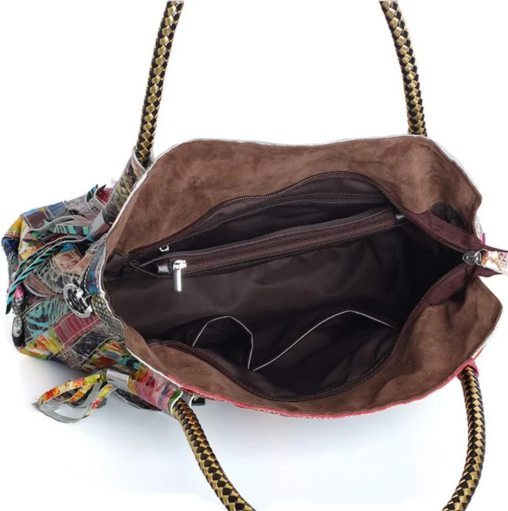 Women's Multicolor Big Boston Bag Genuine Leather RANDOM Colorful Patchwork Large Tote Handbag Hobo Crossbody Purses