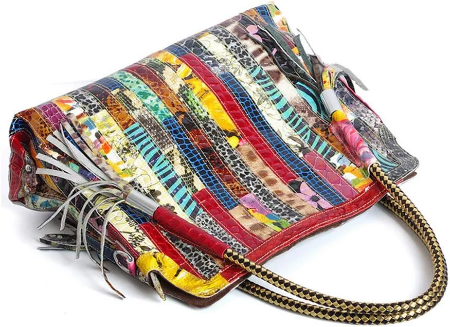 Women's Multicolor Big Boston Bag Genuine Leather RANDOM Colorful Patchwork Large Tote Handbag Hobo Crossbody Purses