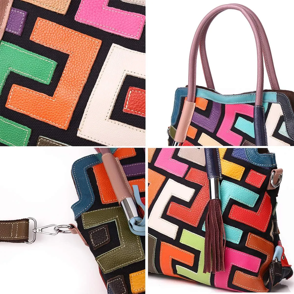 Women's Multicolor Big Boston Bag Genuine Leather RANDOM Colorful Patchwork Large Tote Handbag Hobo Crossbody Purses