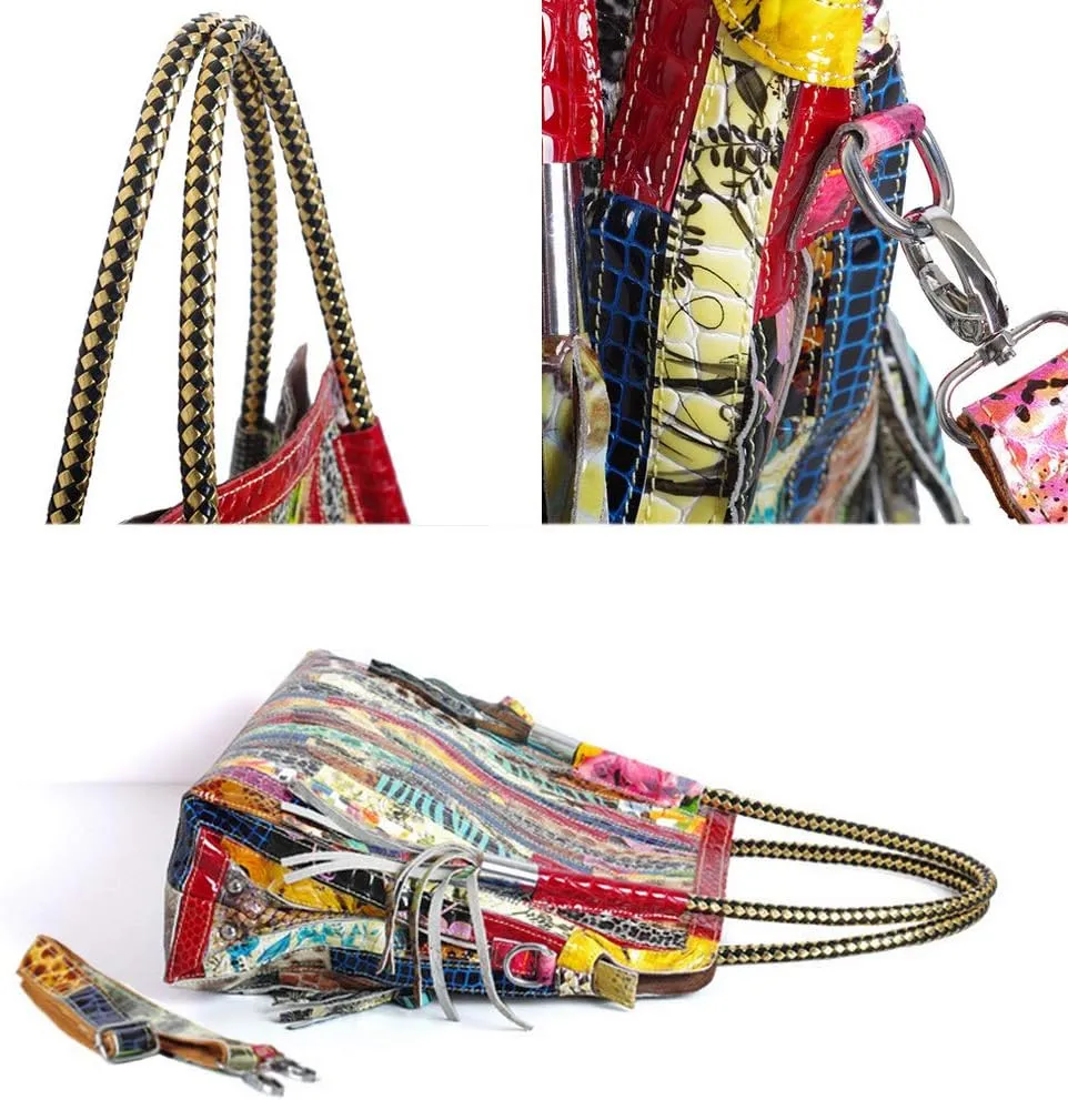 Women's Multicolor Big Boston Bag Genuine Leather RANDOM Colorful Patchwork Large Tote Handbag Hobo Crossbody Purses