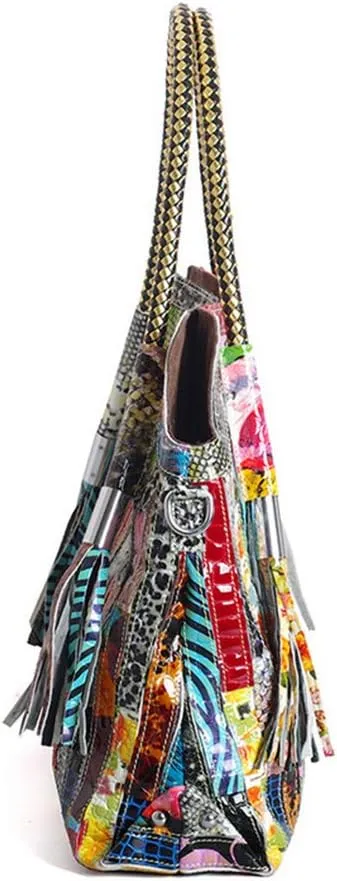 Women's Multicolor Big Boston Bag Genuine Leather RANDOM Colorful Patchwork Large Tote Handbag Hobo Crossbody Purses