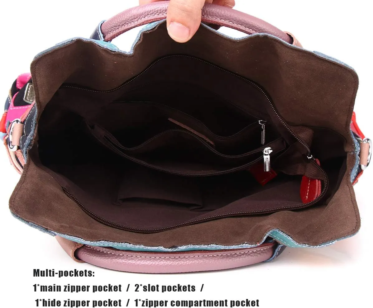 Women's Multicolor Big Boston Bag Genuine Leather RANDOM Colorful Patchwork Large Tote Handbag Hobo Crossbody Purses