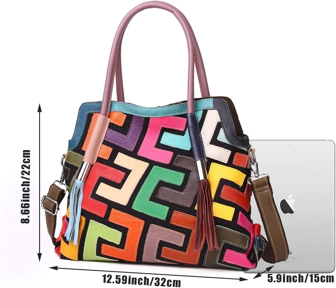Women's Multicolor Big Boston Bag Genuine Leather RANDOM Colorful Patchwork Large Tote Handbag Hobo Crossbody Purses