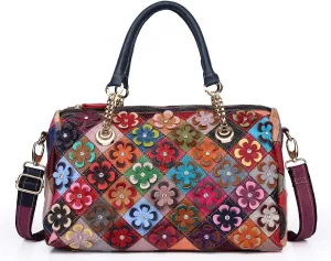 Women’s Multicolor Floral Boston Bag Genuine Leather Splicing Hobo Shoulder Bags