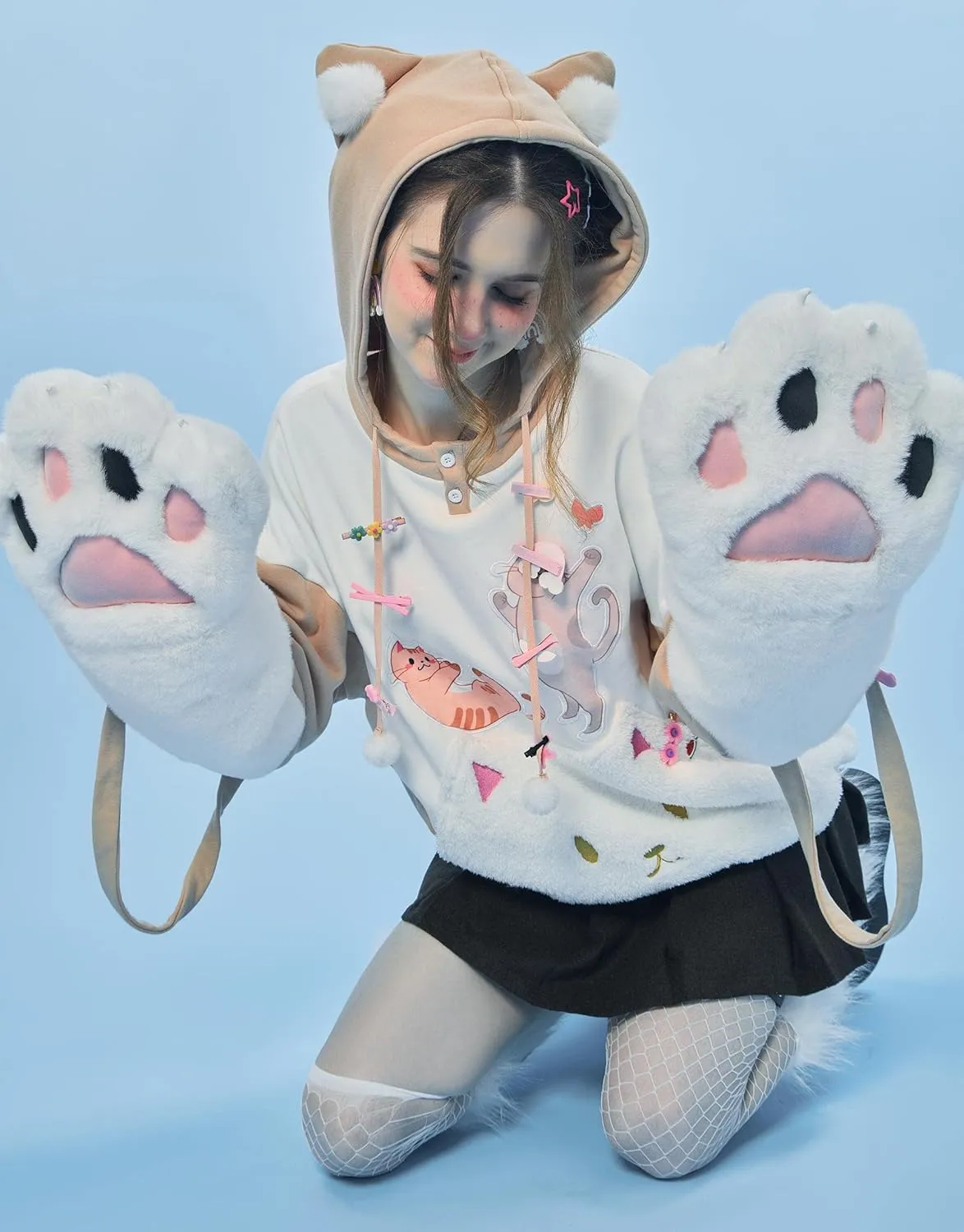 Womens Pullover Hoodie with Detachable Bag Design Furry Cat Paw Gloves Cute Khaki Cat Playing Hoodie