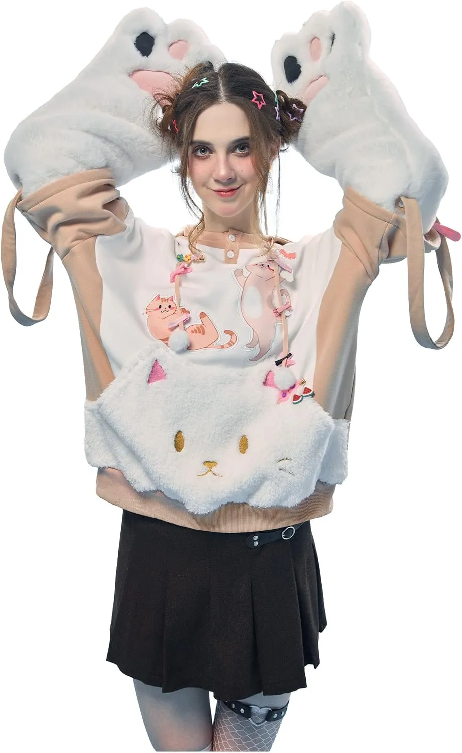 Womens Pullover Hoodie with Detachable Bag Design Furry Cat Paw Gloves Cute Khaki Cat Playing Hoodie