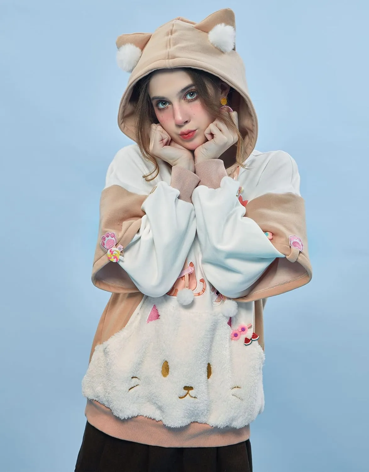 Womens Pullover Hoodie with Detachable Bag Design Furry Cat Paw Gloves Cute Khaki Cat Playing Hoodie