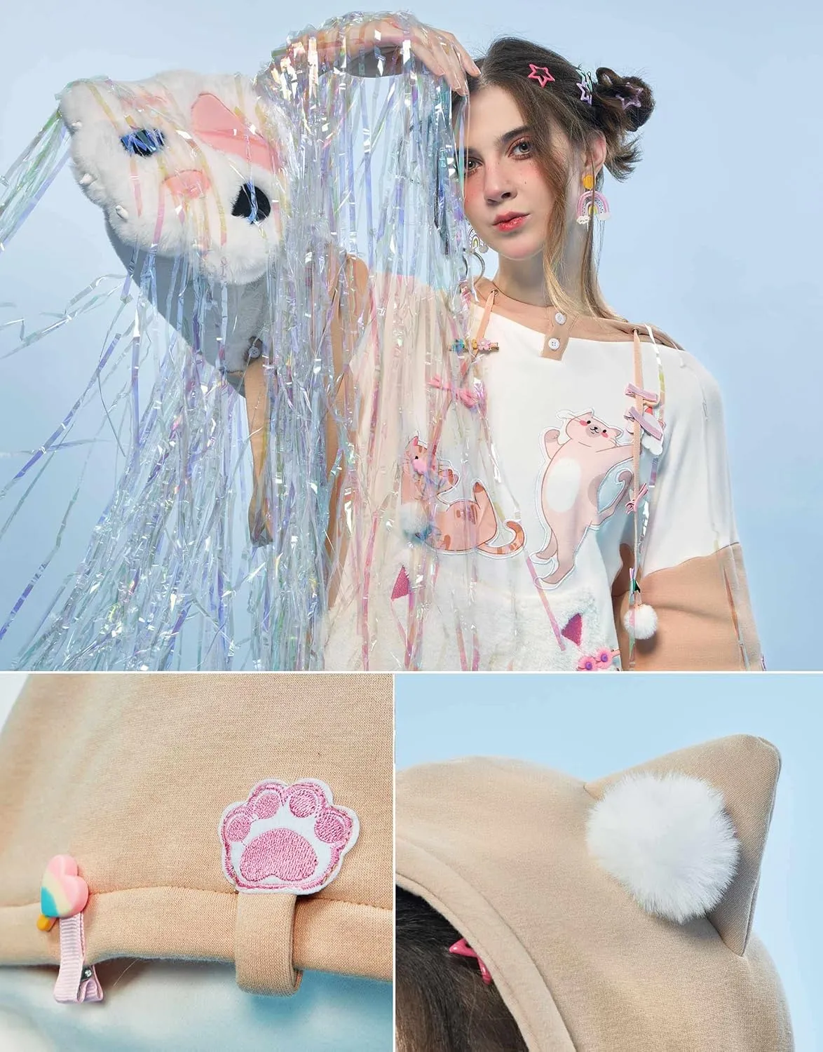 Womens Pullover Hoodie with Detachable Bag Design Furry Cat Paw Gloves Cute Khaki Cat Playing Hoodie