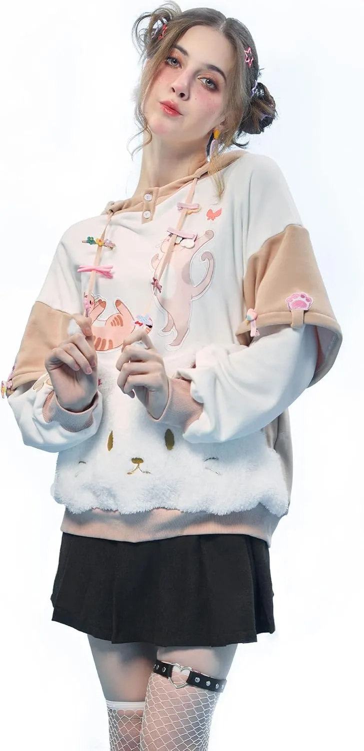 Womens Pullover Hoodie with Detachable Bag Design Furry Cat Paw Gloves Cute Khaki Cat Playing Hoodie