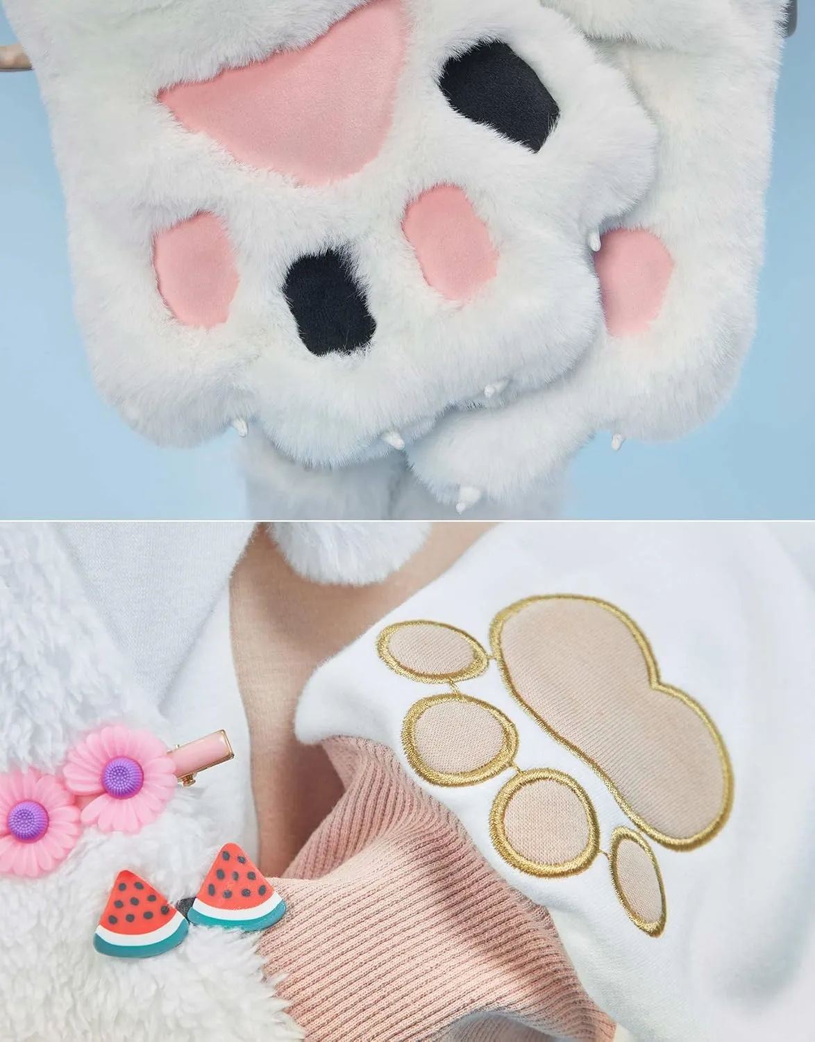Womens Pullover Hoodie with Detachable Bag Design Furry Cat Paw Gloves Cute Khaki Cat Playing Hoodie