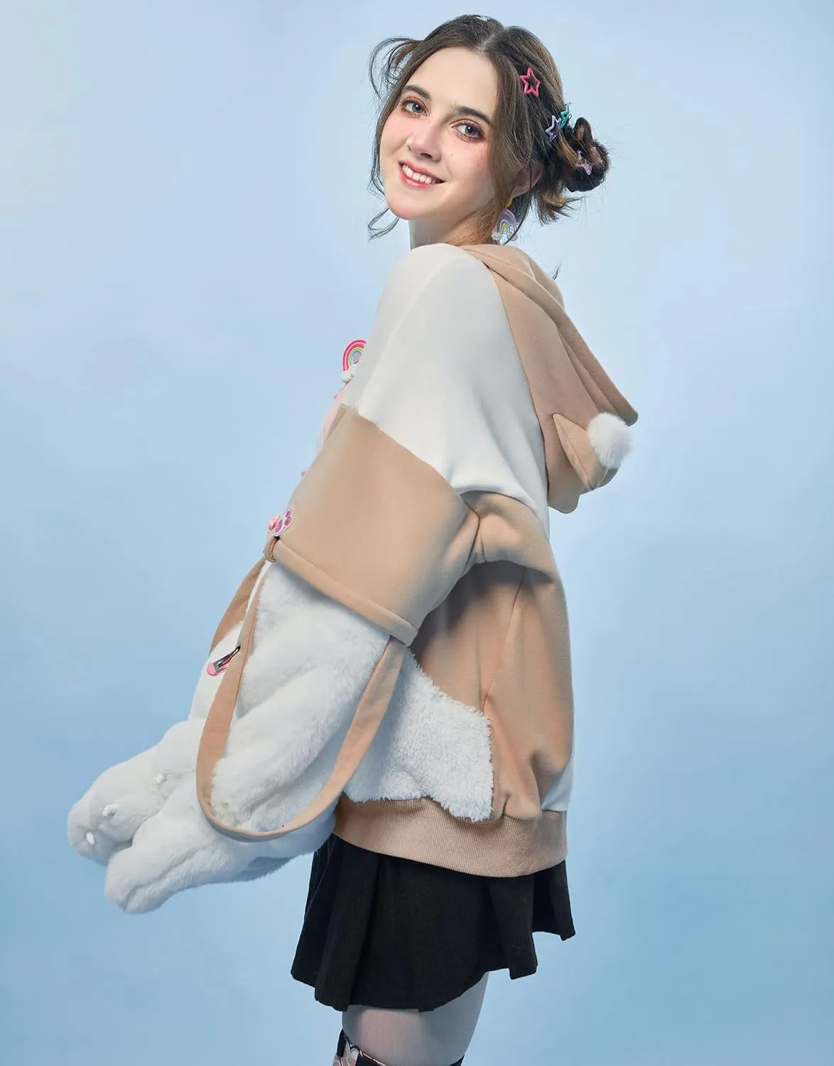 Womens Pullover Hoodie with Detachable Bag Design Furry Cat Paw Gloves Cute Khaki Cat Playing Hoodie