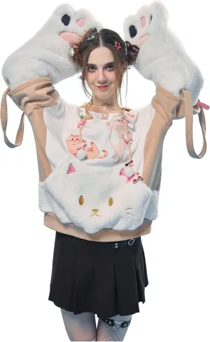 Womens Pullover Hoodie with Detachable Bag Design Furry Cat Paw Gloves Cute Khaki Cat Playing Hoodie
