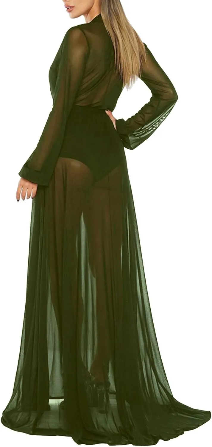 Women's Sexy Thin Mesh Long Sleeve Tie Front Swimsuit Swim Beach Maxi Cover Up Dress