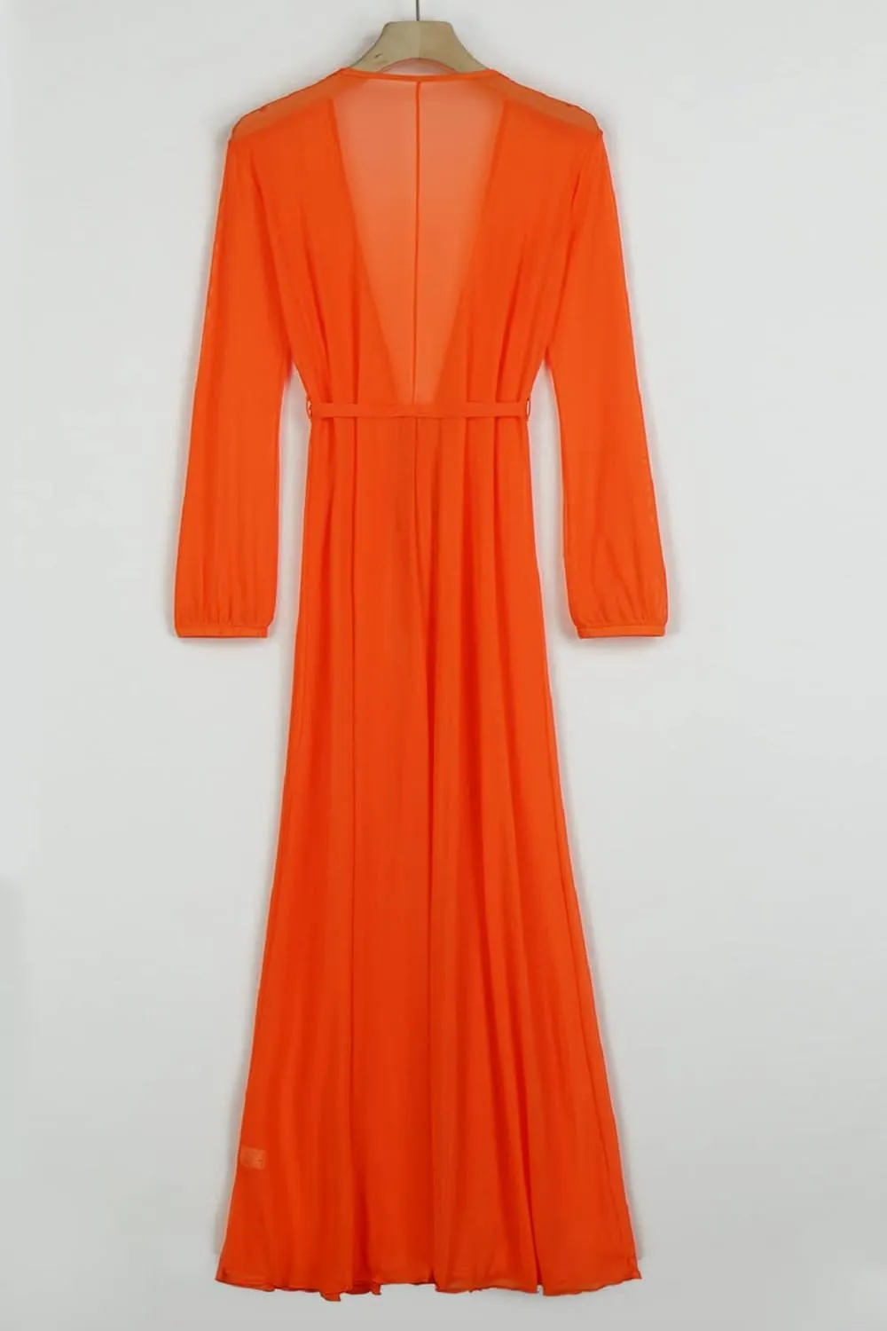 Women's Sexy Thin Mesh Long Sleeve Tie Front Swimsuit Swim Beach Maxi Cover Up Dress