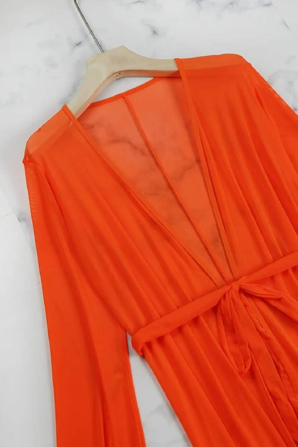 Women's Sexy Thin Mesh Long Sleeve Tie Front Swimsuit Swim Beach Maxi Cover Up Dress
