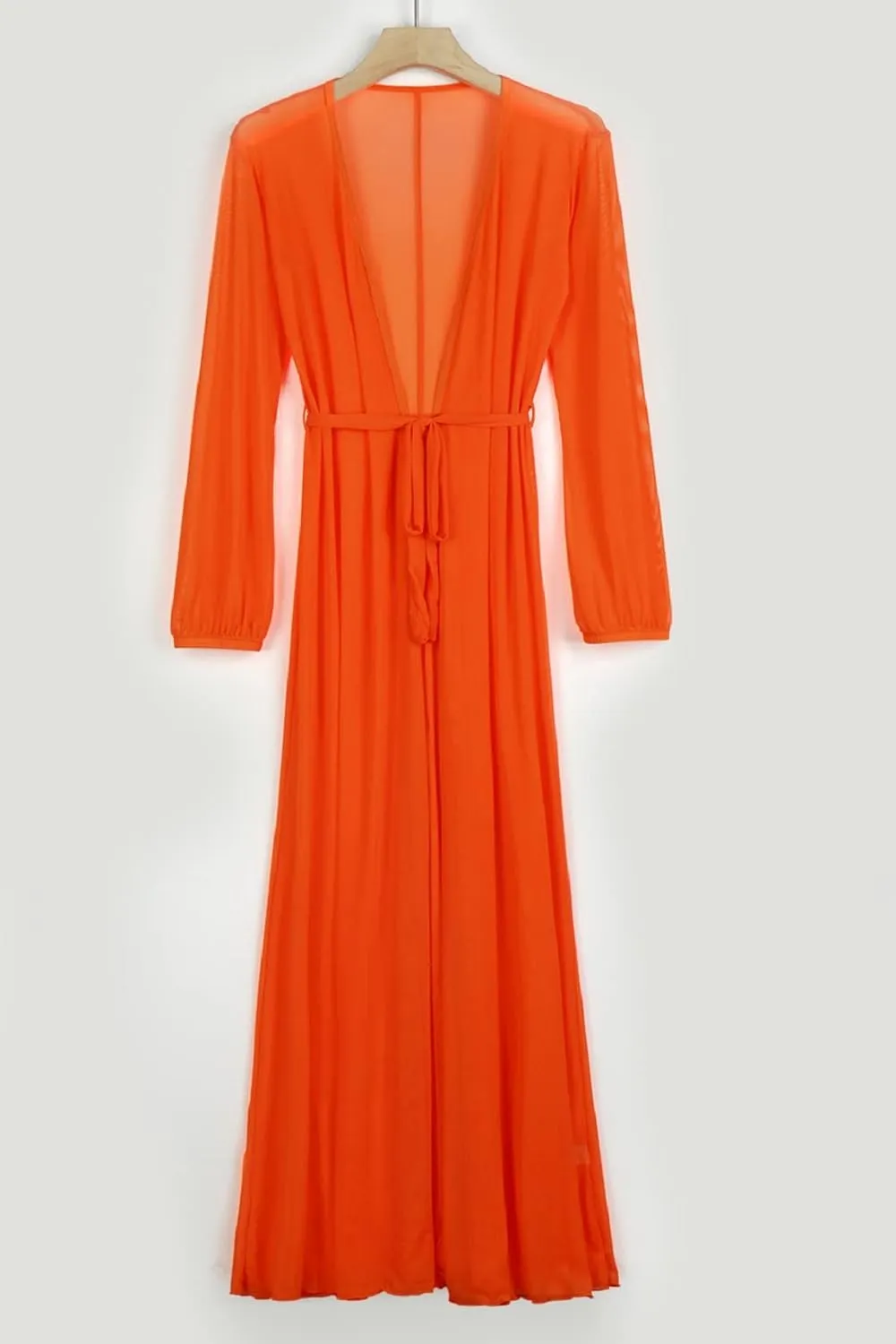 Women's Sexy Thin Mesh Long Sleeve Tie Front Swimsuit Swim Beach Maxi Cover Up Dress