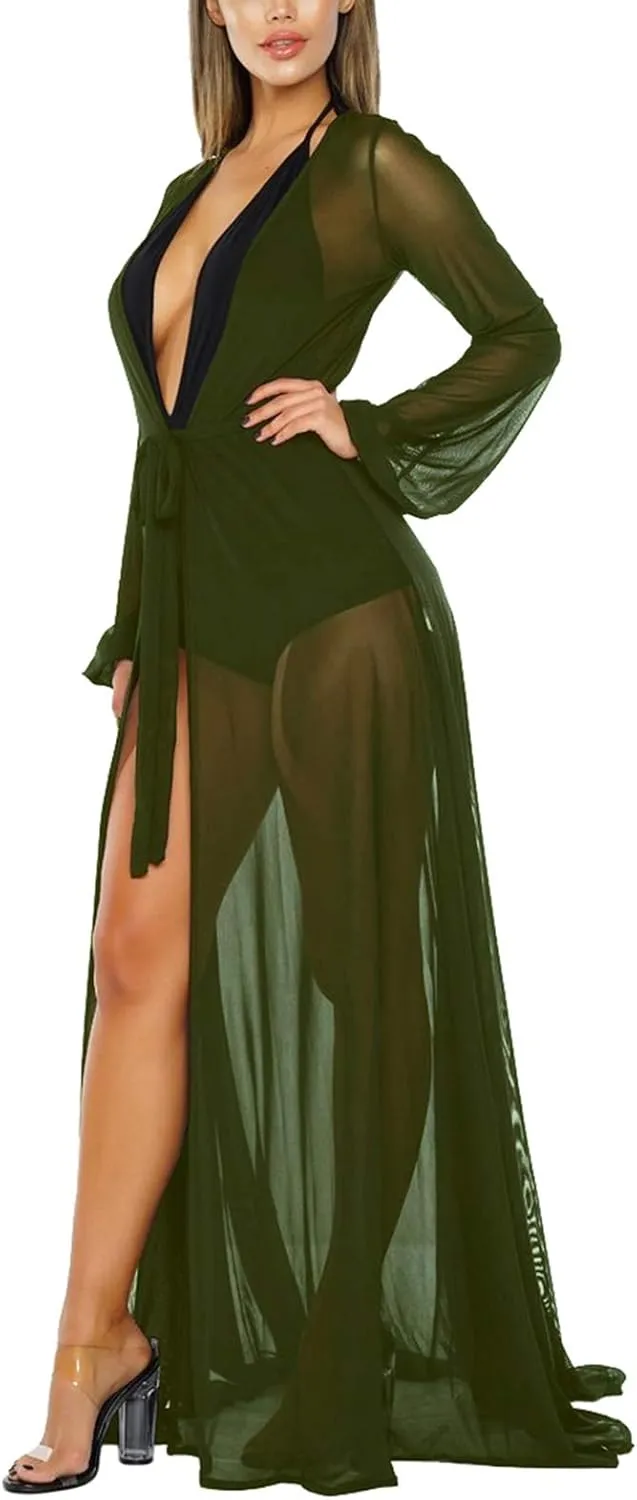 Women's Sexy Thin Mesh Long Sleeve Tie Front Swimsuit Swim Beach Maxi Cover Up Dress