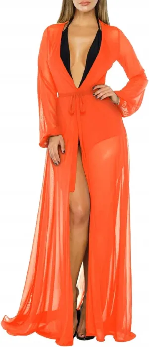 Women's Sexy Thin Mesh Long Sleeve Tie Front Swimsuit Swim Beach Maxi Cover Up Dress