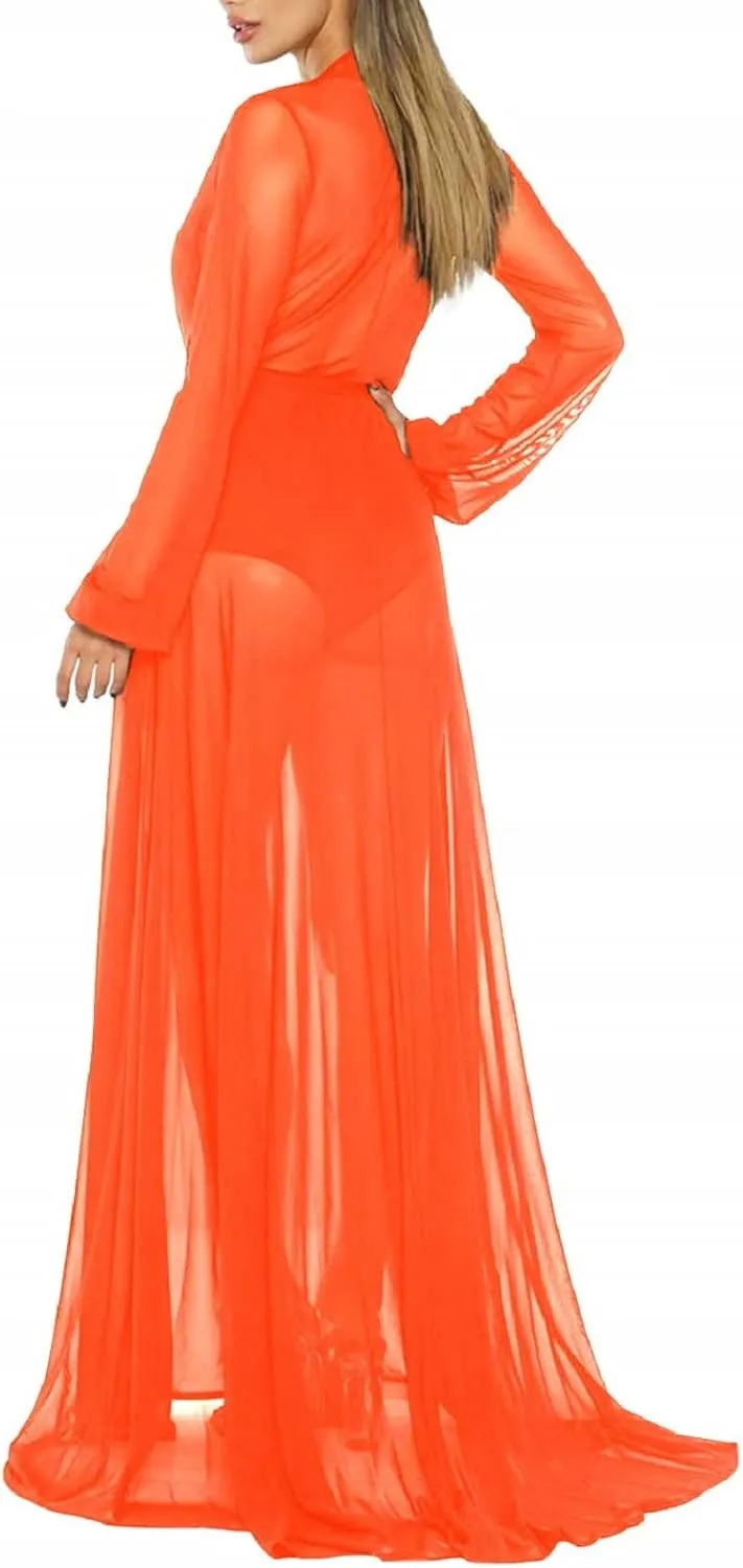 Women's Sexy Thin Mesh Long Sleeve Tie Front Swimsuit Swim Beach Maxi Cover Up Dress