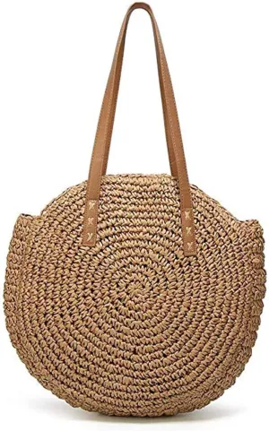 Women's Straw Handbags Large Summer Beach Tote Woven Round Pompom Handle Shoulder Bag(Khaki)
