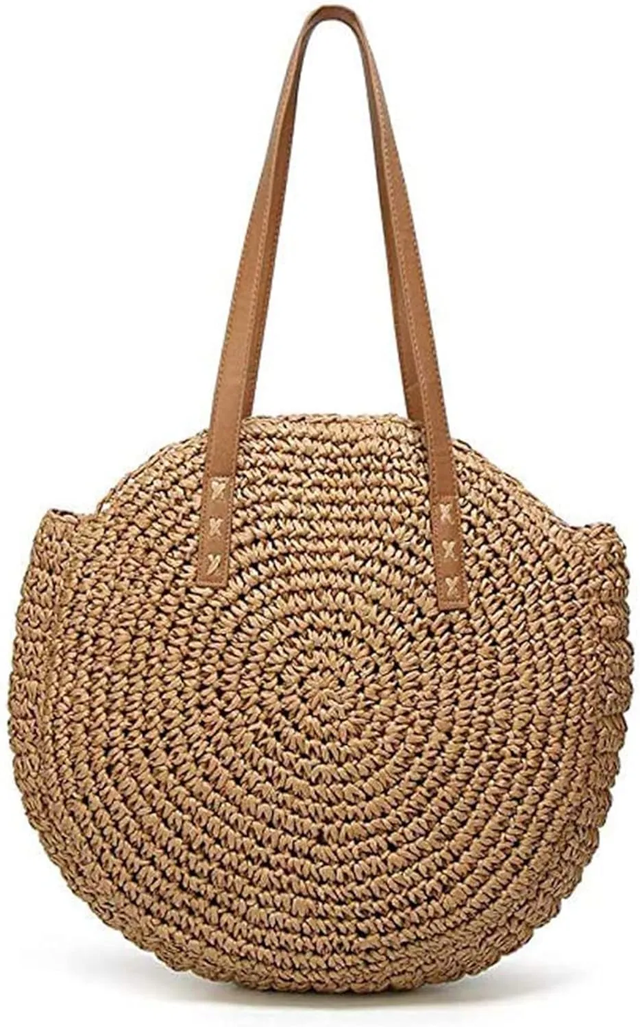 Women's Straw Handbags Large Summer Beach Tote Woven Round Pompom Handle Shoulder Bag(Khaki)