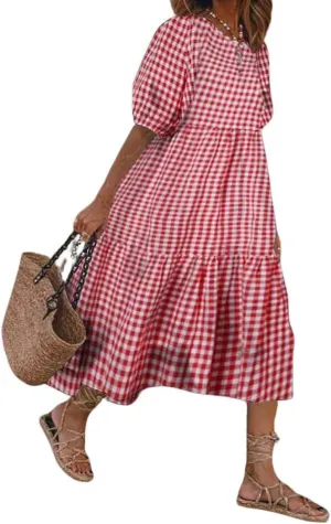 Women's Summer Lantern Puff Sleeve Plaid Maxi Dress Retro Gingham Swing Tiered A Line Dress
