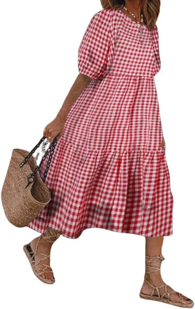 Women's Summer Lantern Puff Sleeve Plaid Maxi Dress Retro Gingham Swing Tiered A Line Dress