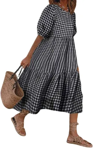 Women's Summer Lantern Puff Sleeve Plaid Maxi Dress Retro Gingham Swing Tiered A Line Dress