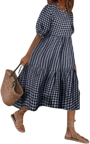 Women's Summer Lantern Puff Sleeve Plaid Maxi Dress Retro Gingham Swing Tiered A Line Dress