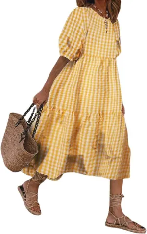 Women's Summer Lantern Puff Sleeve Plaid Maxi Dress Retro Gingham Swing Tiered A Line Dress