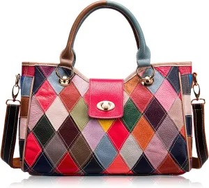 Women's Top-Handle Handbag with Colorful Patchwork Design, Stylish Leather Crossbody Shoulder Bag Purse Tote Bag for Lady