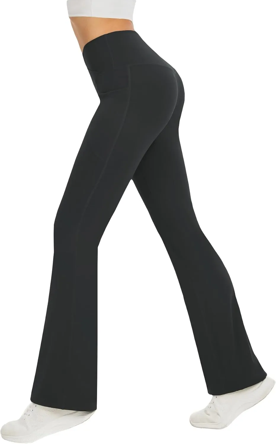 Women's Yoga Pants with Pockets No Front Seam Crossover High Waisted Flare Leggings Tummy Control Bootcut Pants