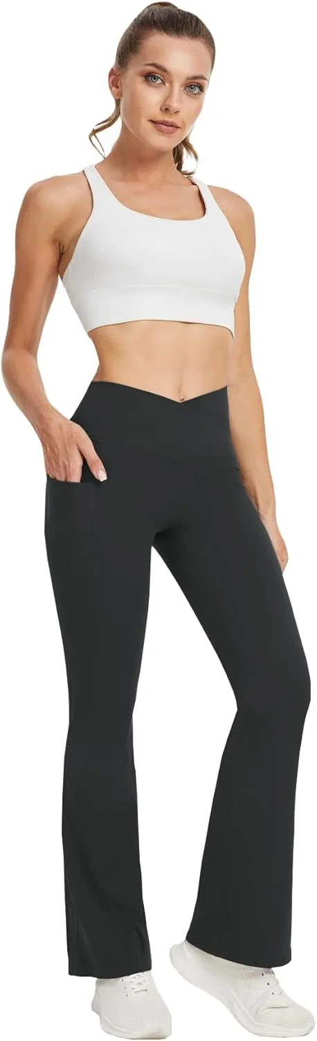 Women's Yoga Pants with Pockets No Front Seam Crossover High Waisted Flare Leggings Tummy Control Bootcut Pants