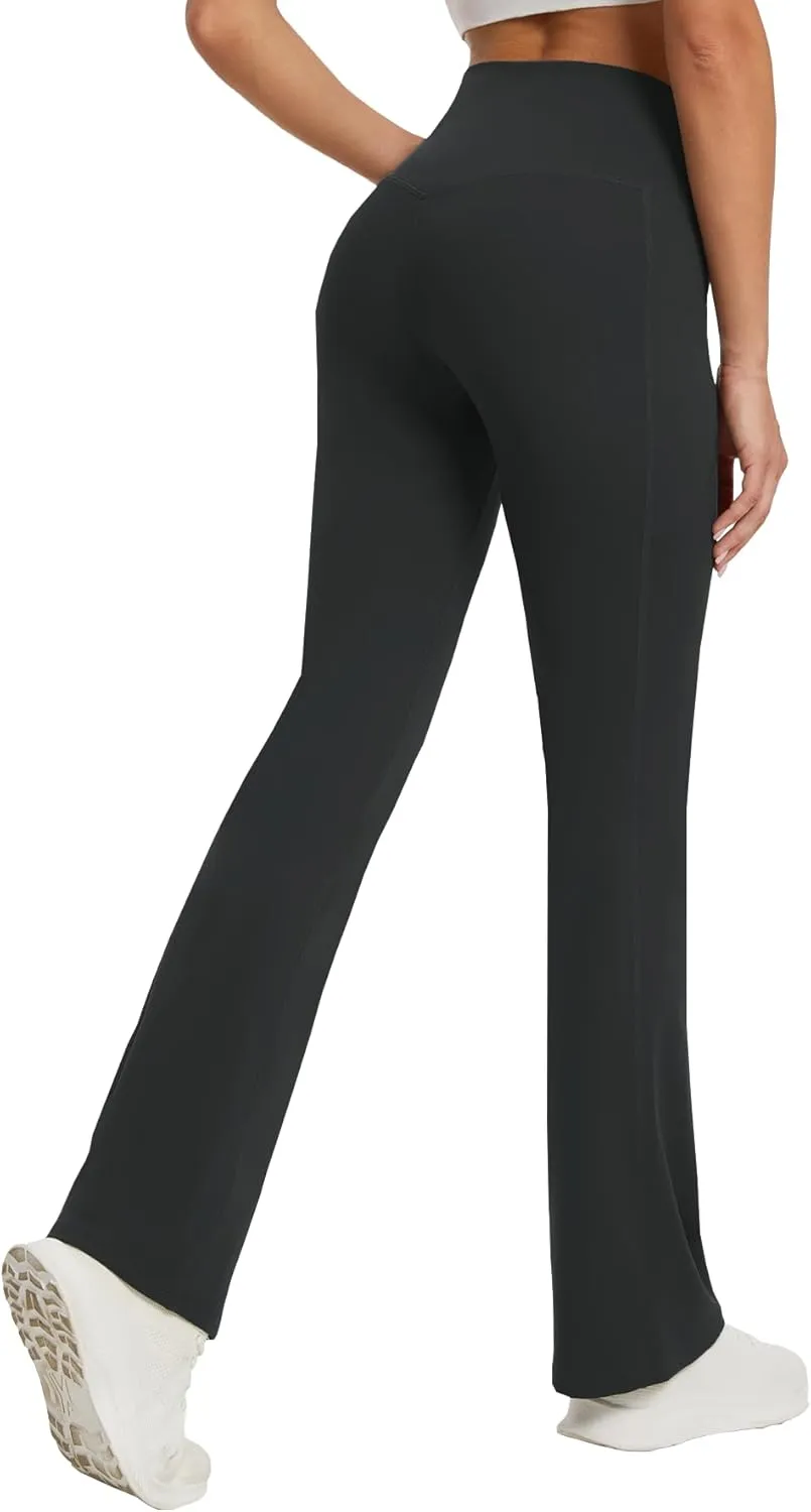 Women's Yoga Pants with Pockets No Front Seam Crossover High Waisted Flare Leggings Tummy Control Bootcut Pants