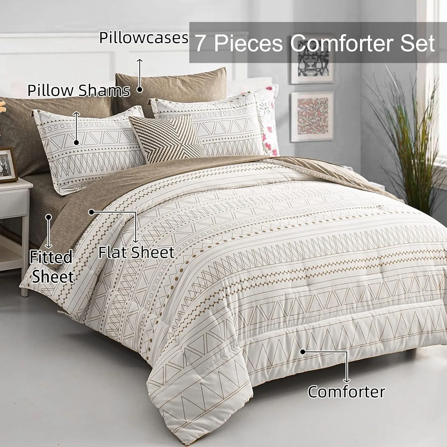 WONGS BEDDING Boho Comforter Set Queen,7 Piece Khaki Stripe Reversible Bedding Set for All Seasons Bed in a Bag Lightweight Complete Comforter with Sheets, Pillowcases & Shams