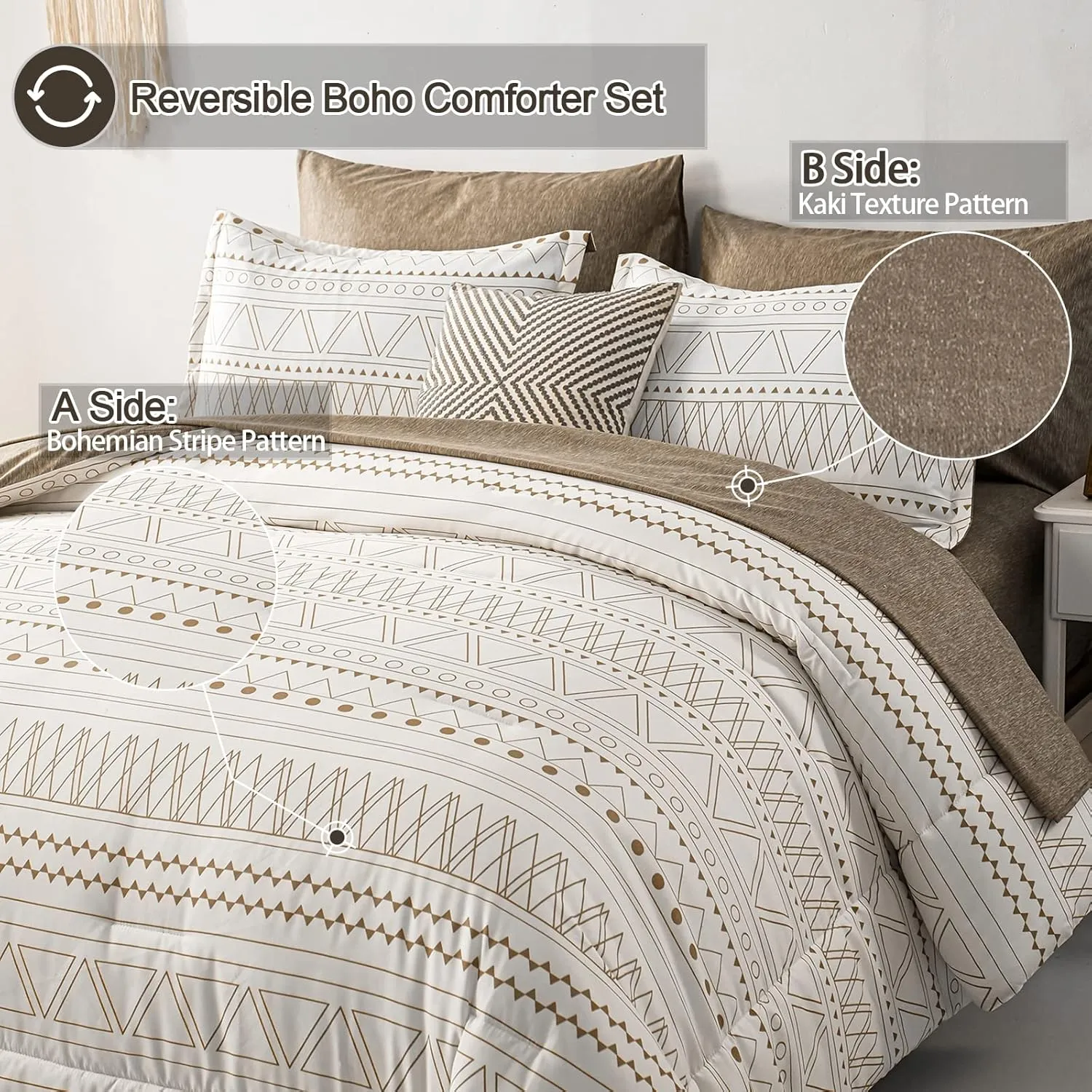 WONGS BEDDING Boho Comforter Set Queen,7 Piece Khaki Stripe Reversible Bedding Set for All Seasons Bed in a Bag Lightweight Complete Comforter with Sheets, Pillowcases & Shams