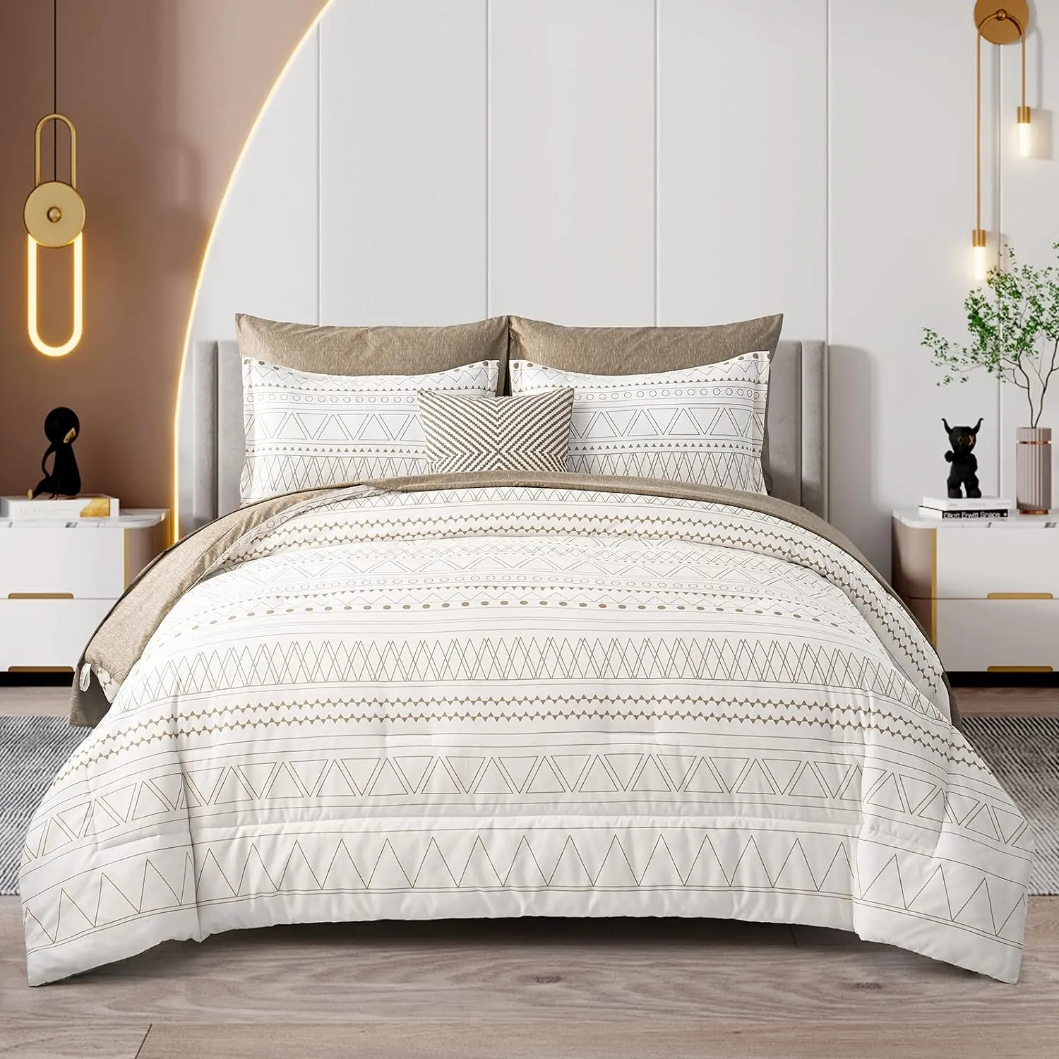 WONGS BEDDING Boho Comforter Set Queen,7 Piece Khaki Stripe Reversible Bedding Set for All Seasons Bed in a Bag Lightweight Complete Comforter with Sheets, Pillowcases & Shams