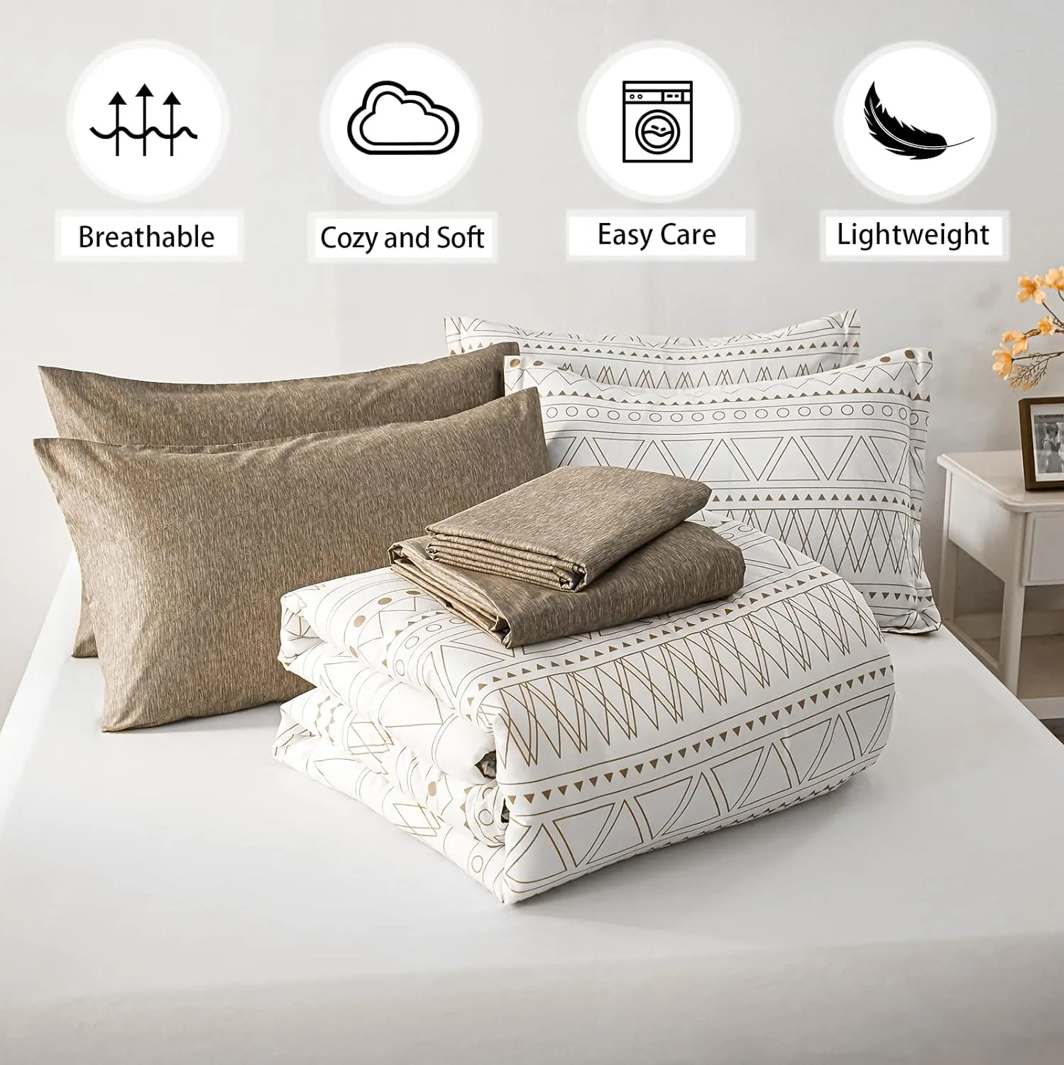 WONGS BEDDING Boho Comforter Set Queen,7 Piece Khaki Stripe Reversible Bedding Set for All Seasons Bed in a Bag Lightweight Complete Comforter with Sheets, Pillowcases & Shams